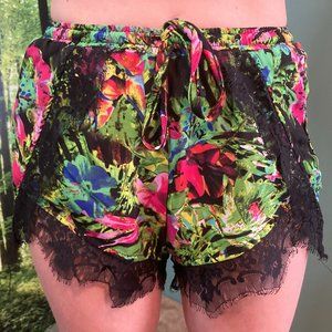 Bongo Tropical Floral Drawstring Shorts with Black Lace Trim